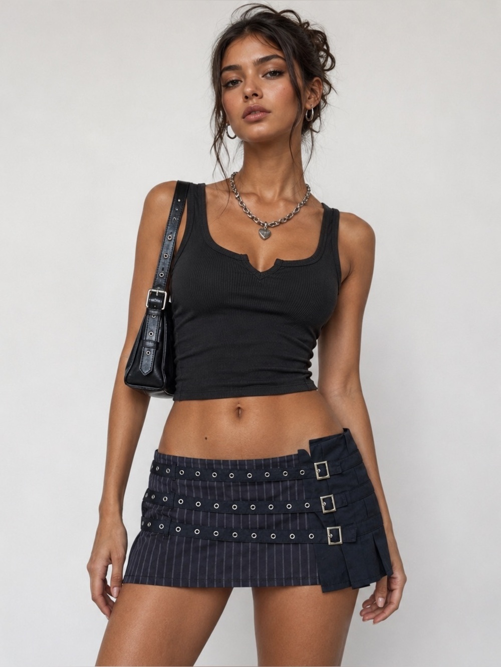 NWT BEBE Boston Black Pinstripe Micro Mini Skirt with Triple Buckle Straps